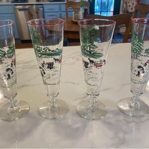 Set of 4 Vintage Libbey Currier & Ives Making Hay Blown Glass Pilsner Glasses.